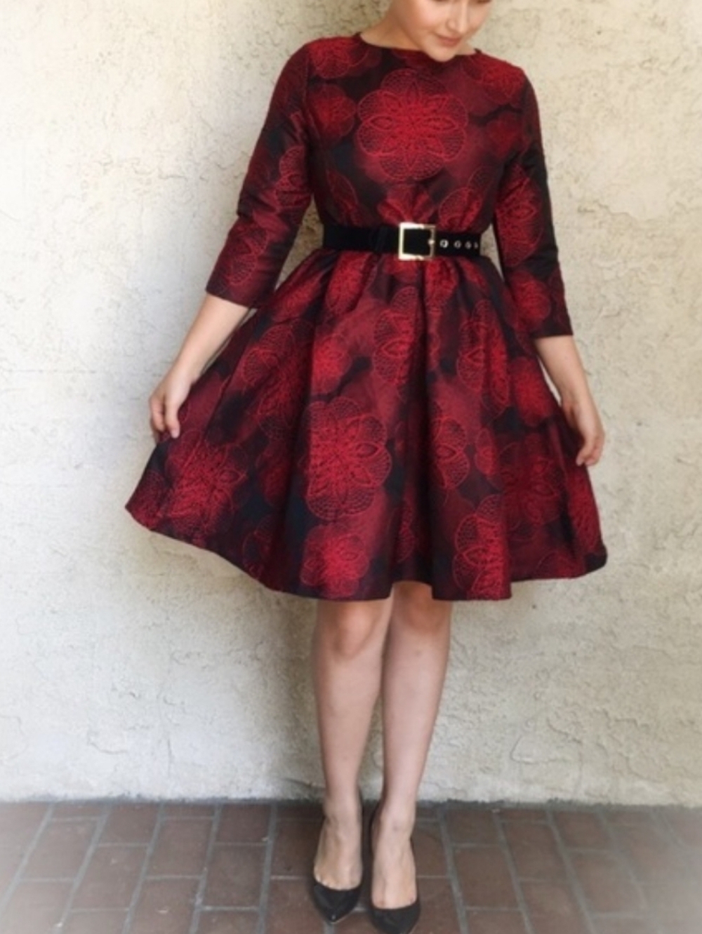 Red Floral Fit-and-Flare Dress with Belt